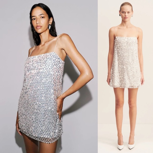 Shona Joy Asteri Sequin & Bead Embellished Mini Dress Silver NEW with tags - Picture 1 of 8